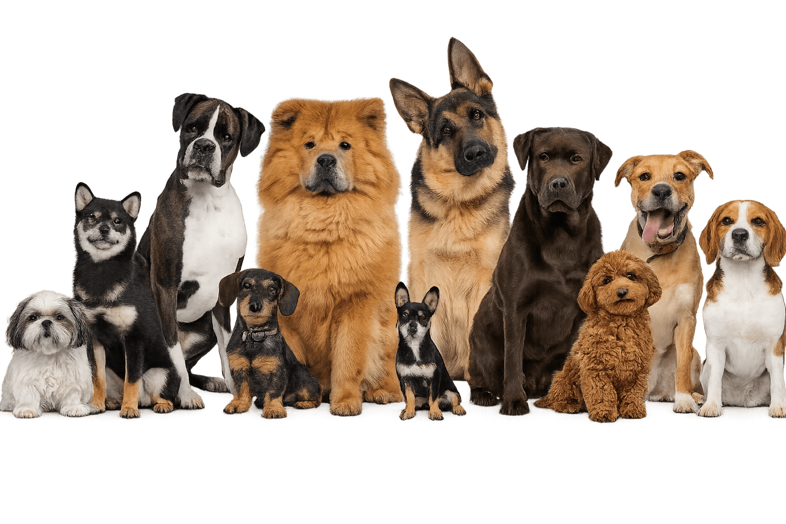Dogs of every size and breed sitting in a row
